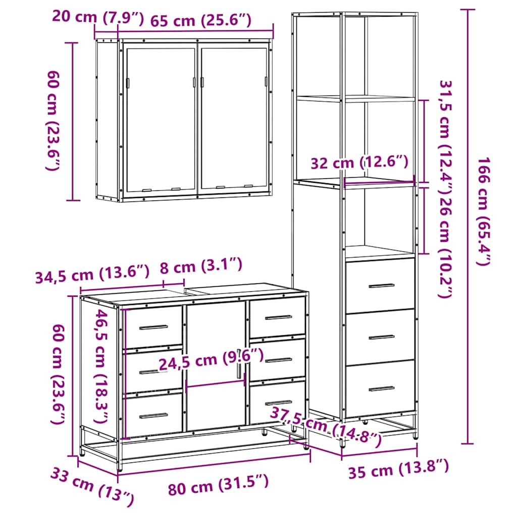 3 pcs Conjunto móveis casa de banho madeira proc. cinza sonoma
