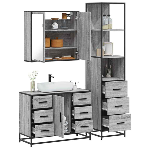 3 pcs Conjunto móveis casa de banho madeira proc. cinza sonoma