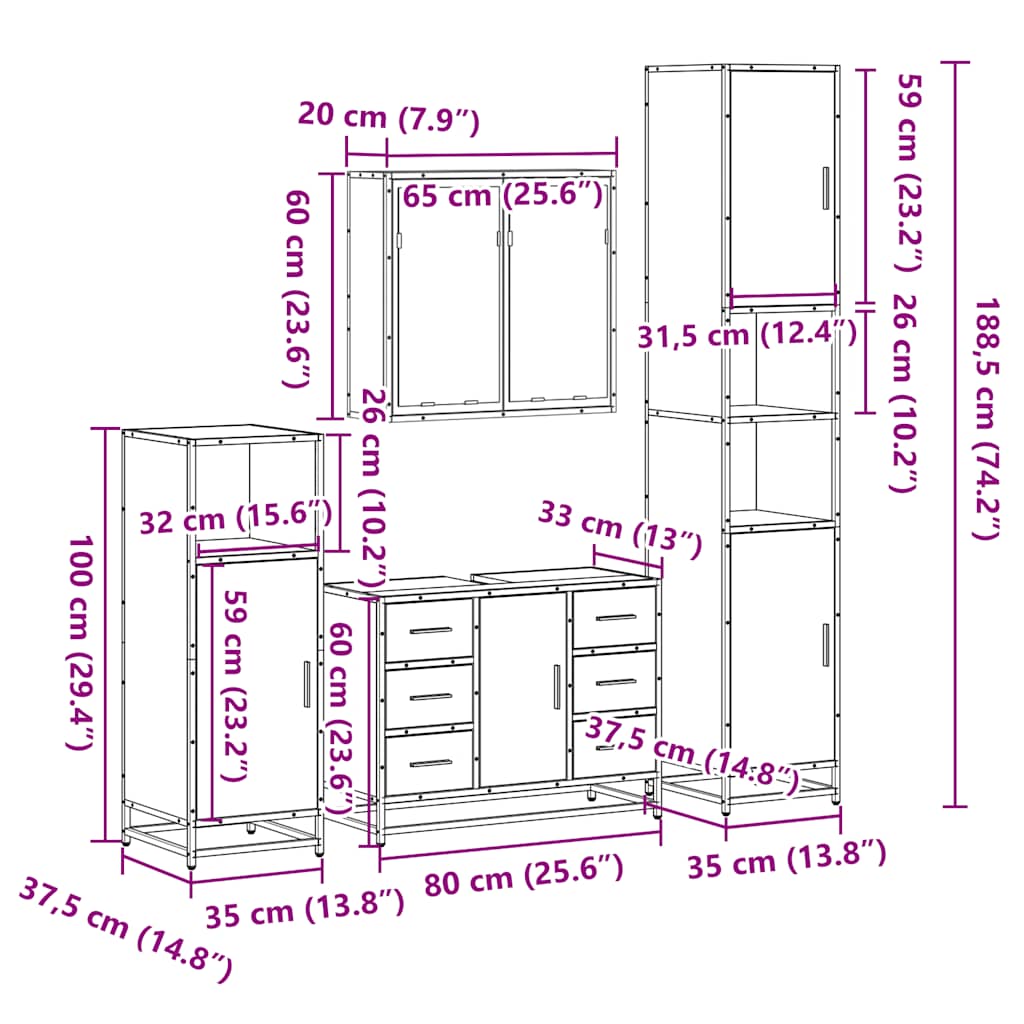 4 pcs Conjunto móveis casa de banho madeira proc. cinza sonoma