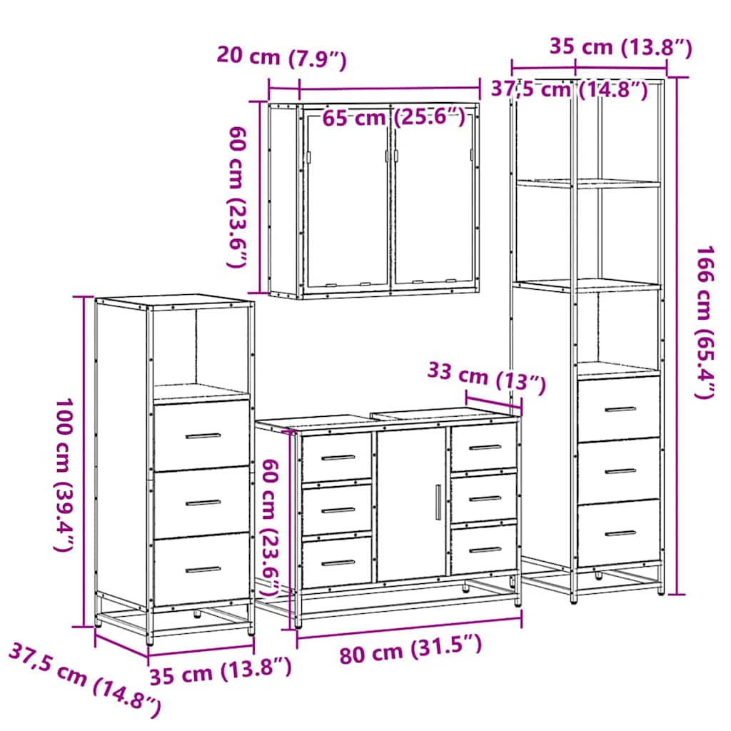 4 pcs Conjunto móveis casa de banho madeira proc. cinza sonoma