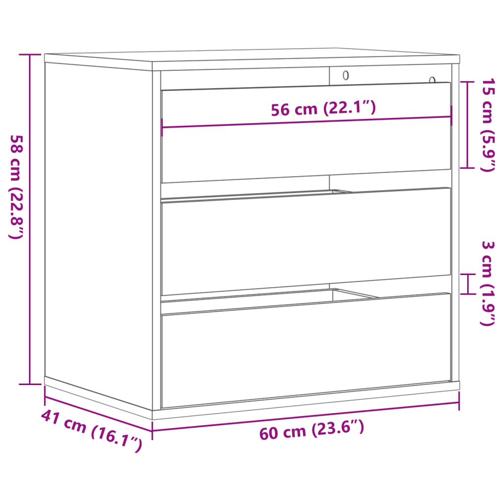 Cómoda com 3 Gavetas - 60x41x58 cm - derivados de madeira - cinzento sonoma