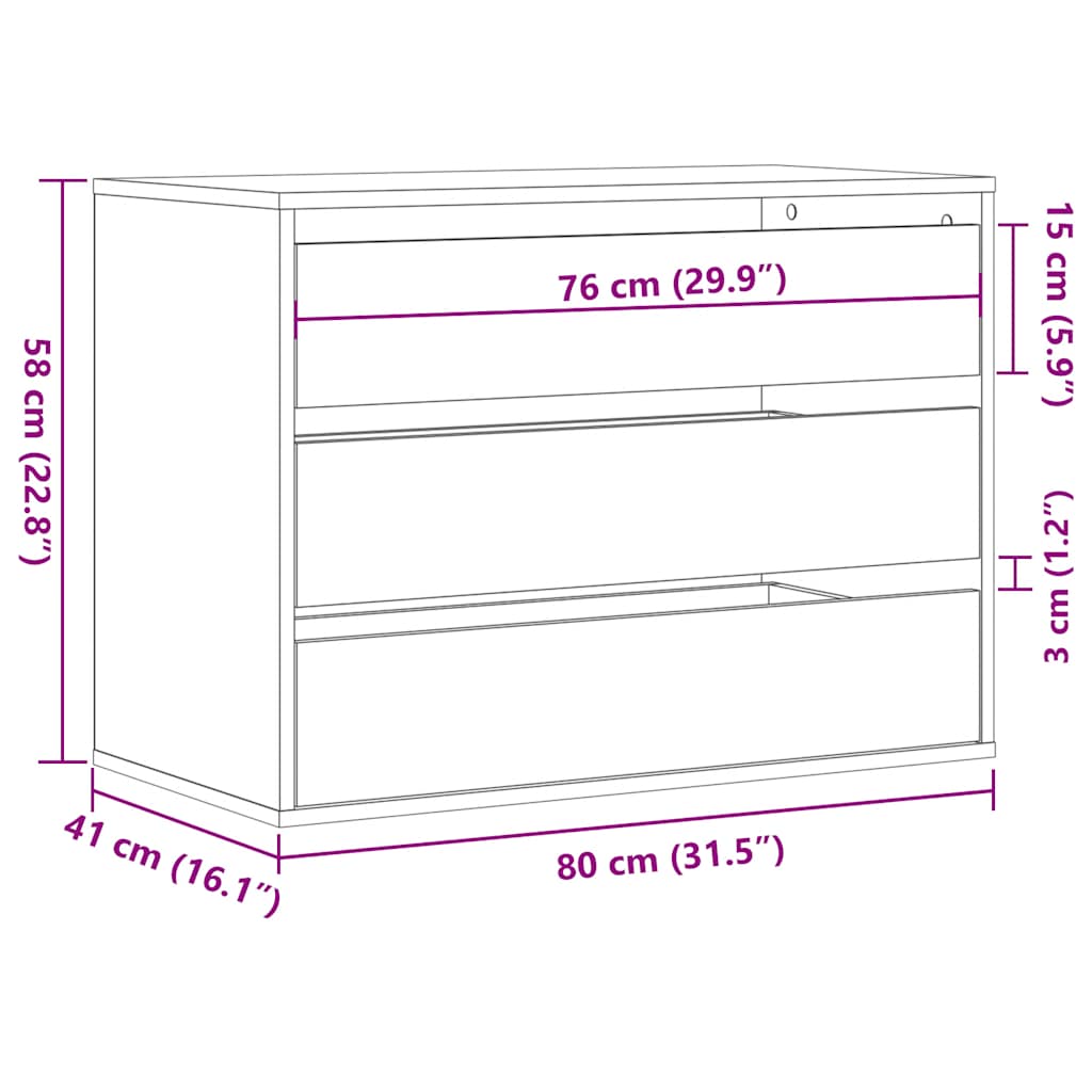 Cómoda com 3 Gavetas - 80x41x58 cm - derivados de madeira - preto