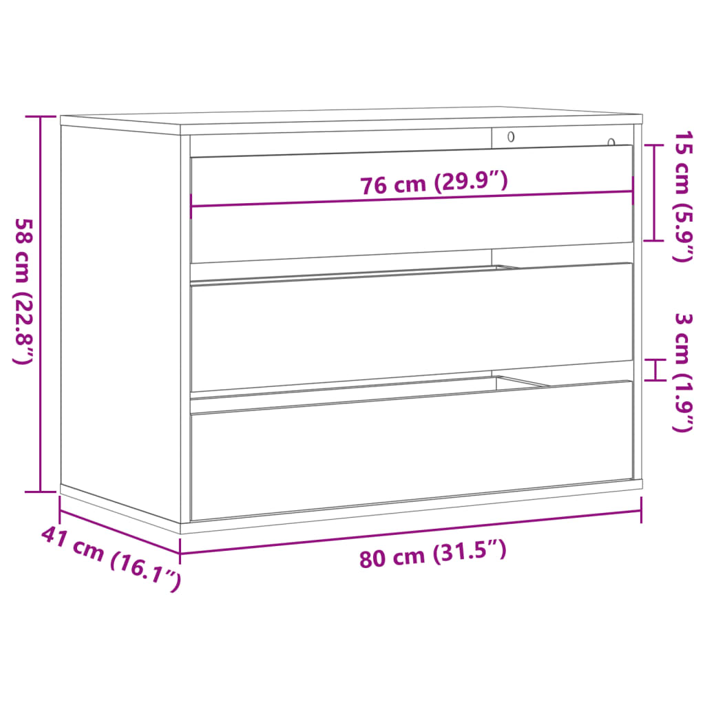 Cómoda com 3 Gavetas - 80x41x58 cm - derivados de madeira - cinzento cimento