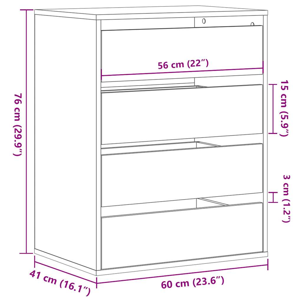 Cómoda com 4 Gavetas - 60x41x76 cm - derivados de madeira - carvalho sonoma