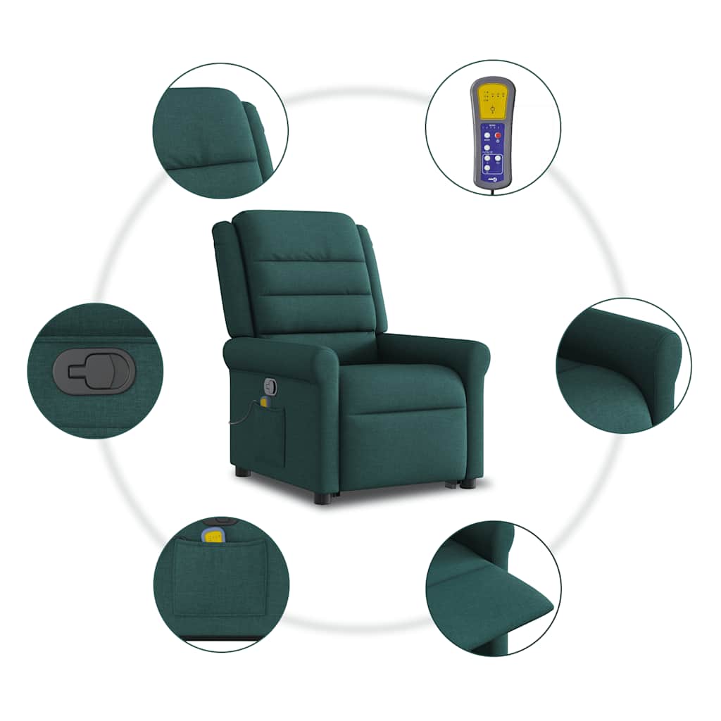 Poltrona reclinável elevatória de massagens tecido verde-escuro