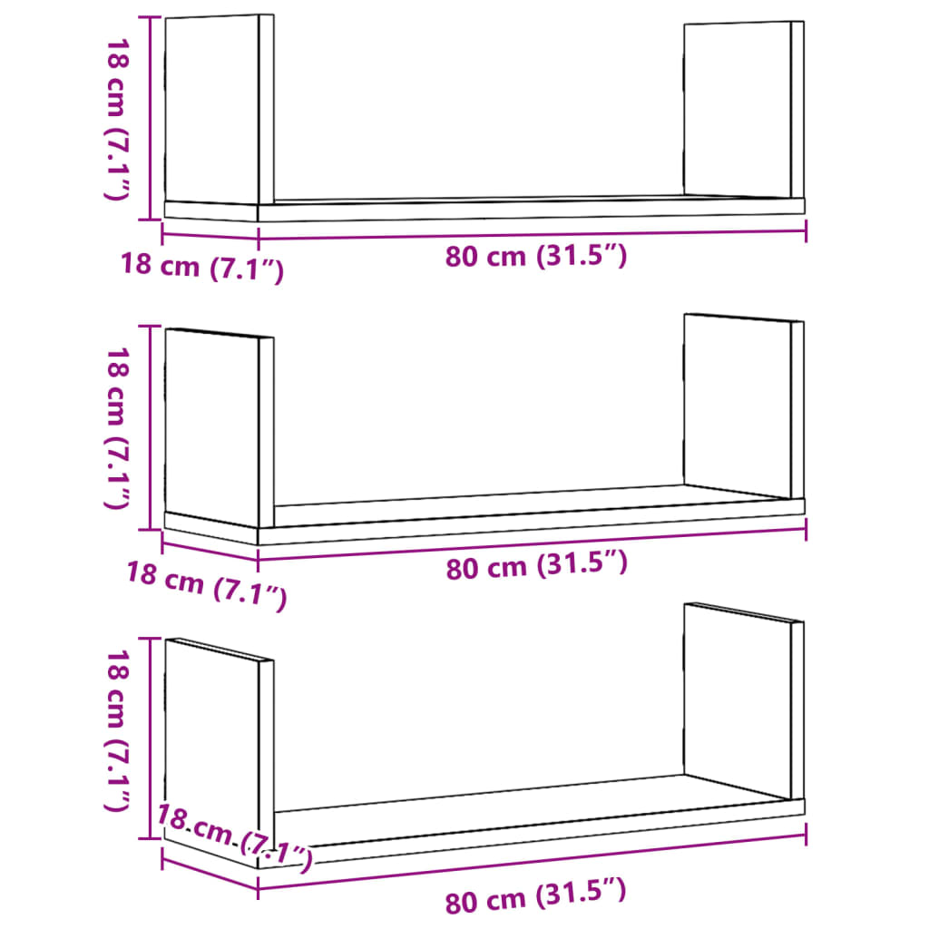 Prateleiras de parede 3 pcs 80x18x18cm derivados madeira branco