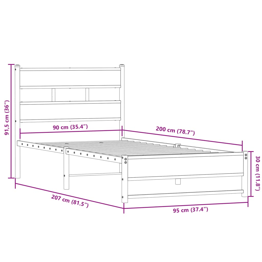 Estrutura de cama sem colchão 90x200 cm metal carvalho sonoma