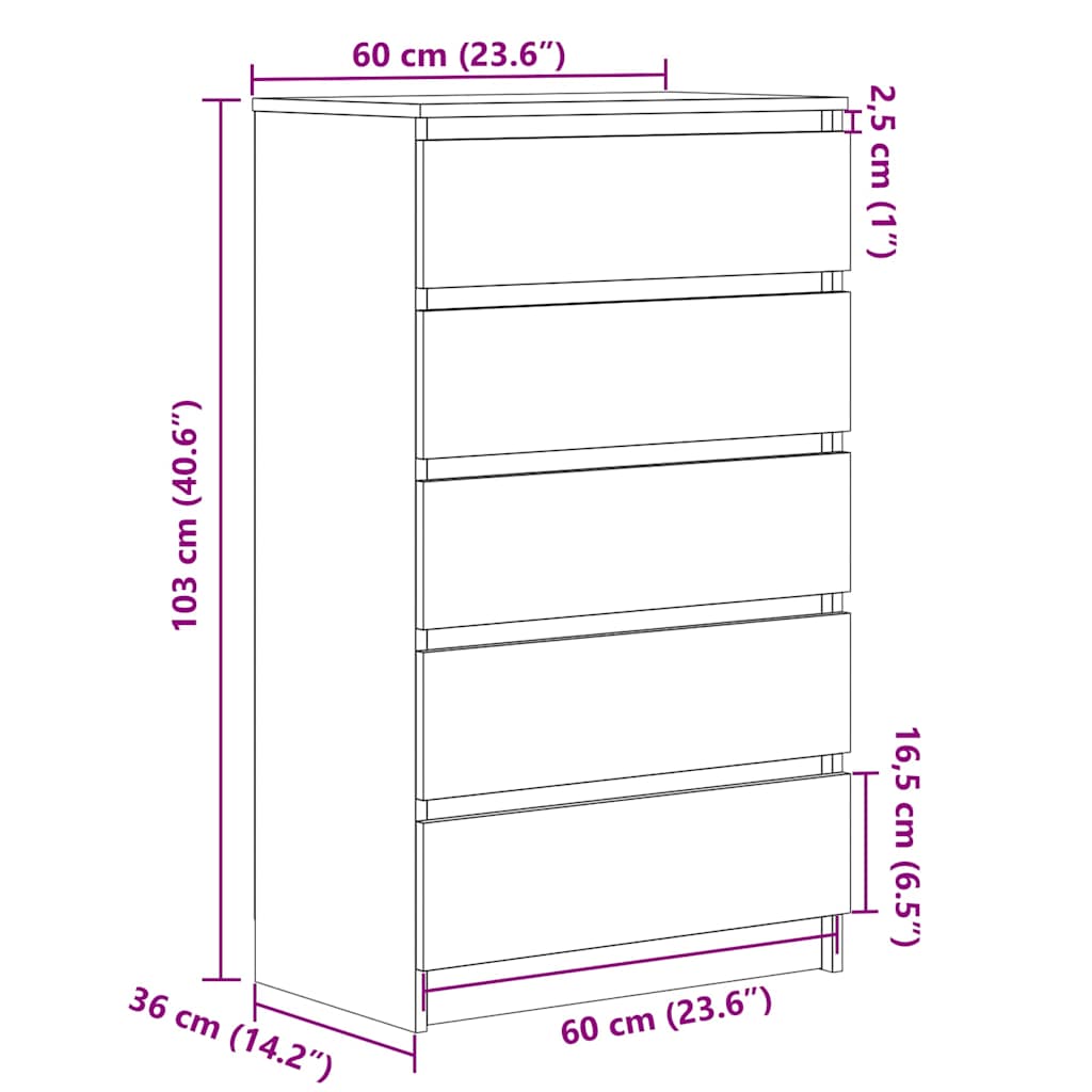 Cómoda com 5 Gavetas - 60x36x103 cm - derivados madeira - madeira velha