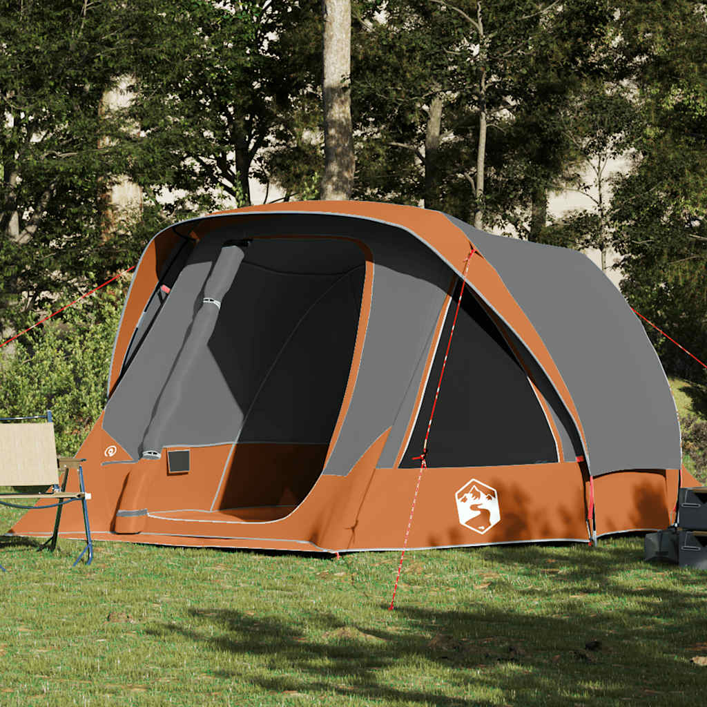 Tenda familiar estilo cabana 6 pessoas imperm. cinza/laranja