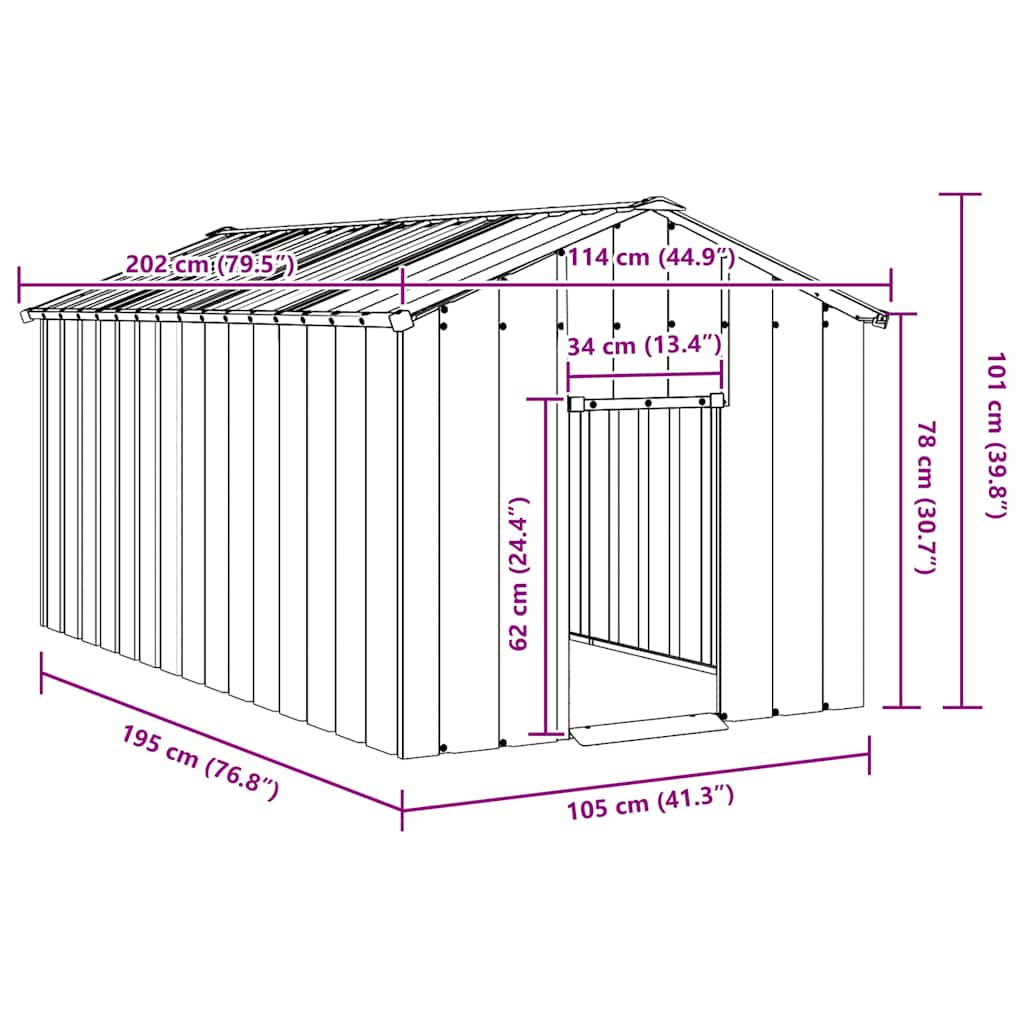 Casota para cães com telhado 114x202x101 cm aço galvanizado