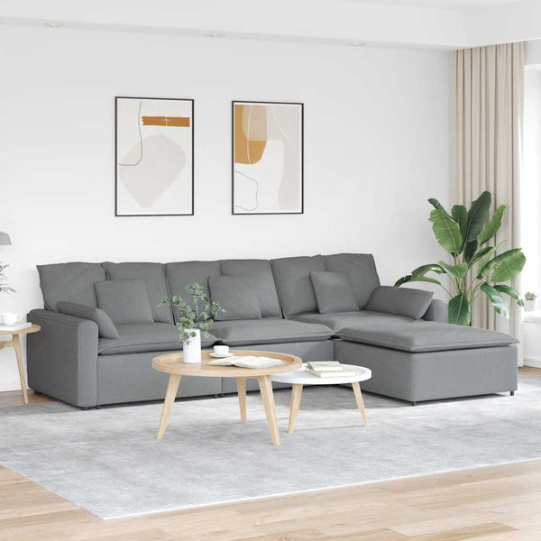 Sofá modular com pufes e almofadas cinzento-claro