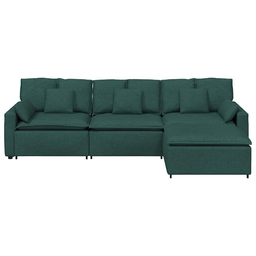 Sofá modular com pufes e almofadas verde-escuro