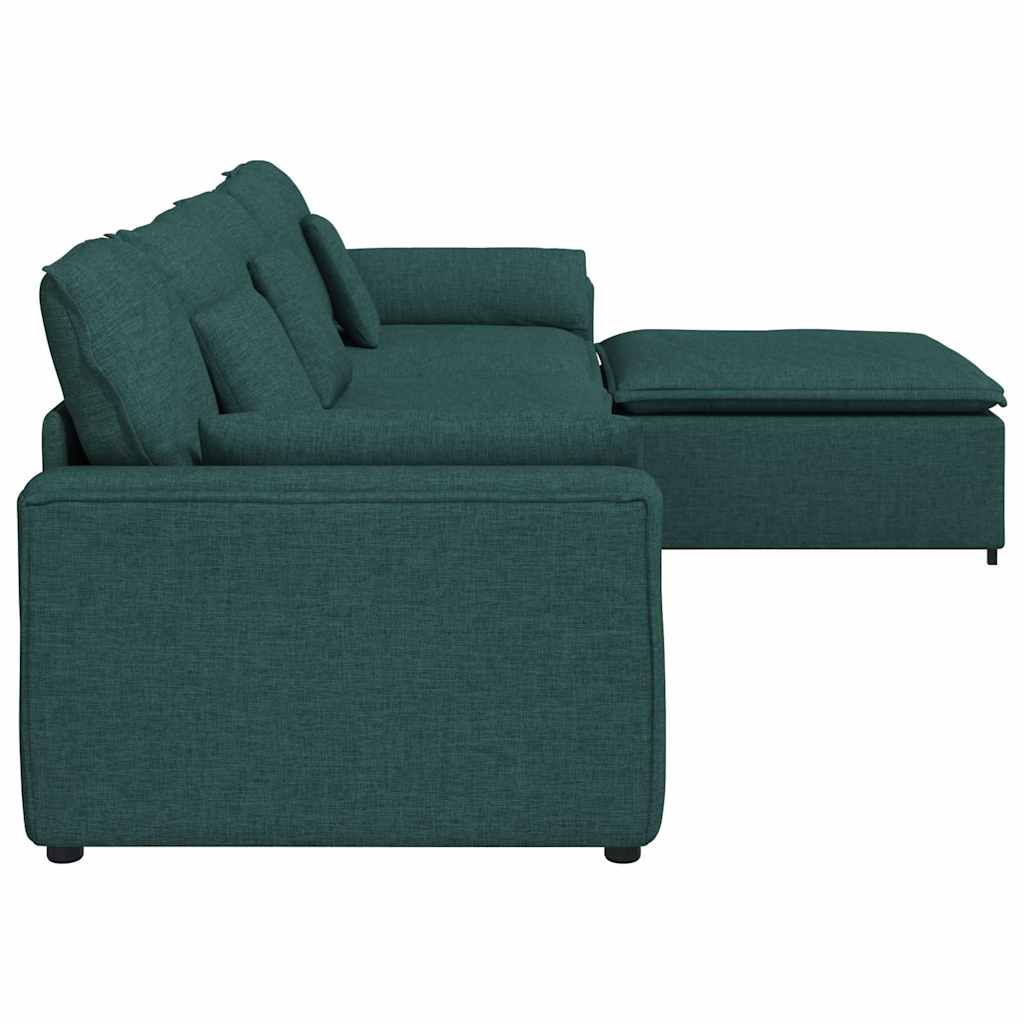 Sofá modular com pufes e almofadas verde-escuro