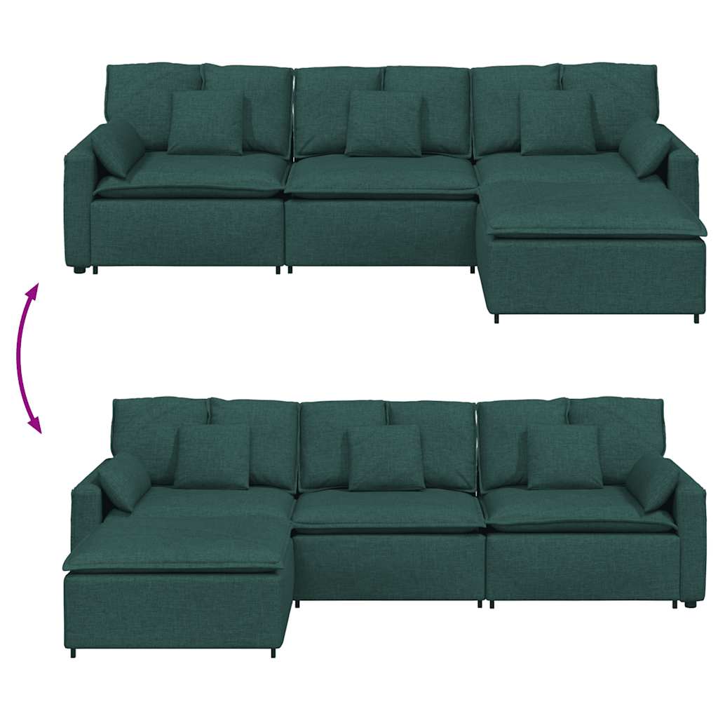 Sofá modular com pufes e almofadas verde-escuro
