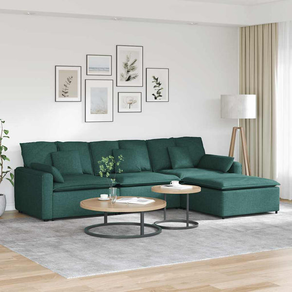Sofá modular com pufes e almofadas verde-escuro