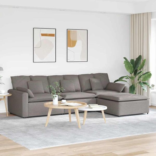 Sofá modular com pufes e almofadas cinzento-acastanhado