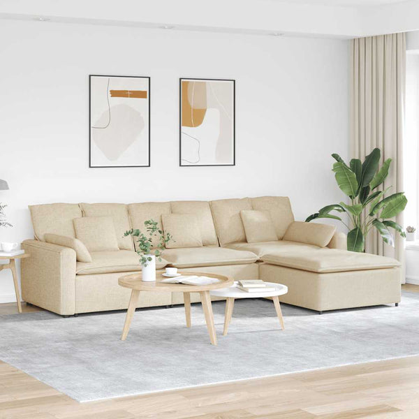 Sofá modular com pufes e almofadas creme