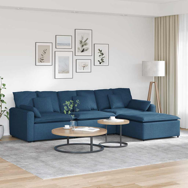 Sofá modular com pufes e almofadas azul