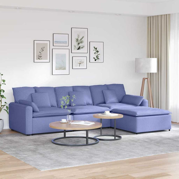 Sofá modular com pufes e almofadas azul ganga