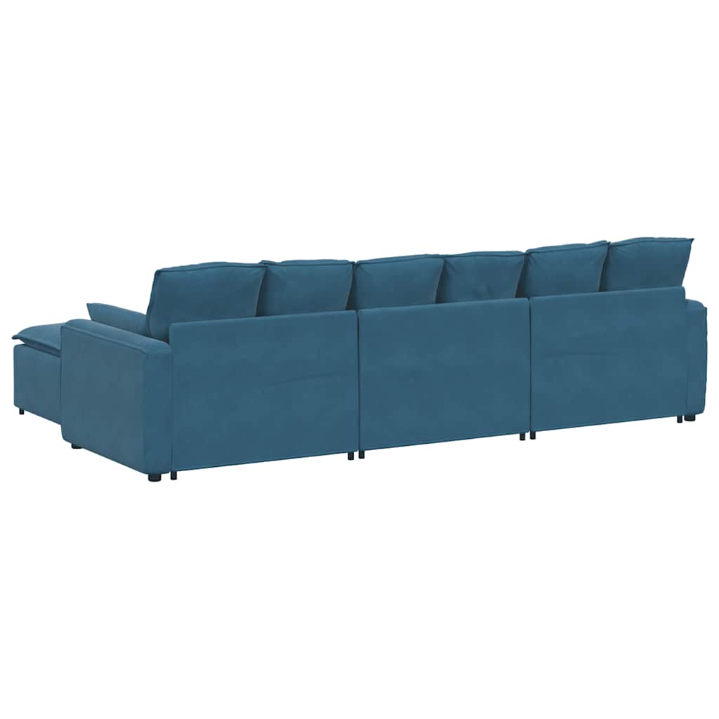 Sofá modular com pufes e almofadas azul