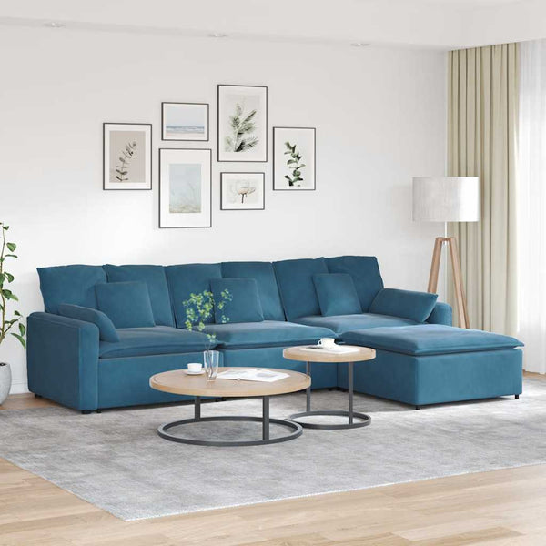 Sofá modular com pufes e almofadas azul