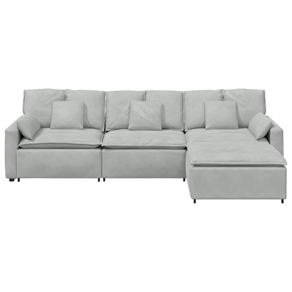 Sofá modular com pufes e almofadas cinzento-claro