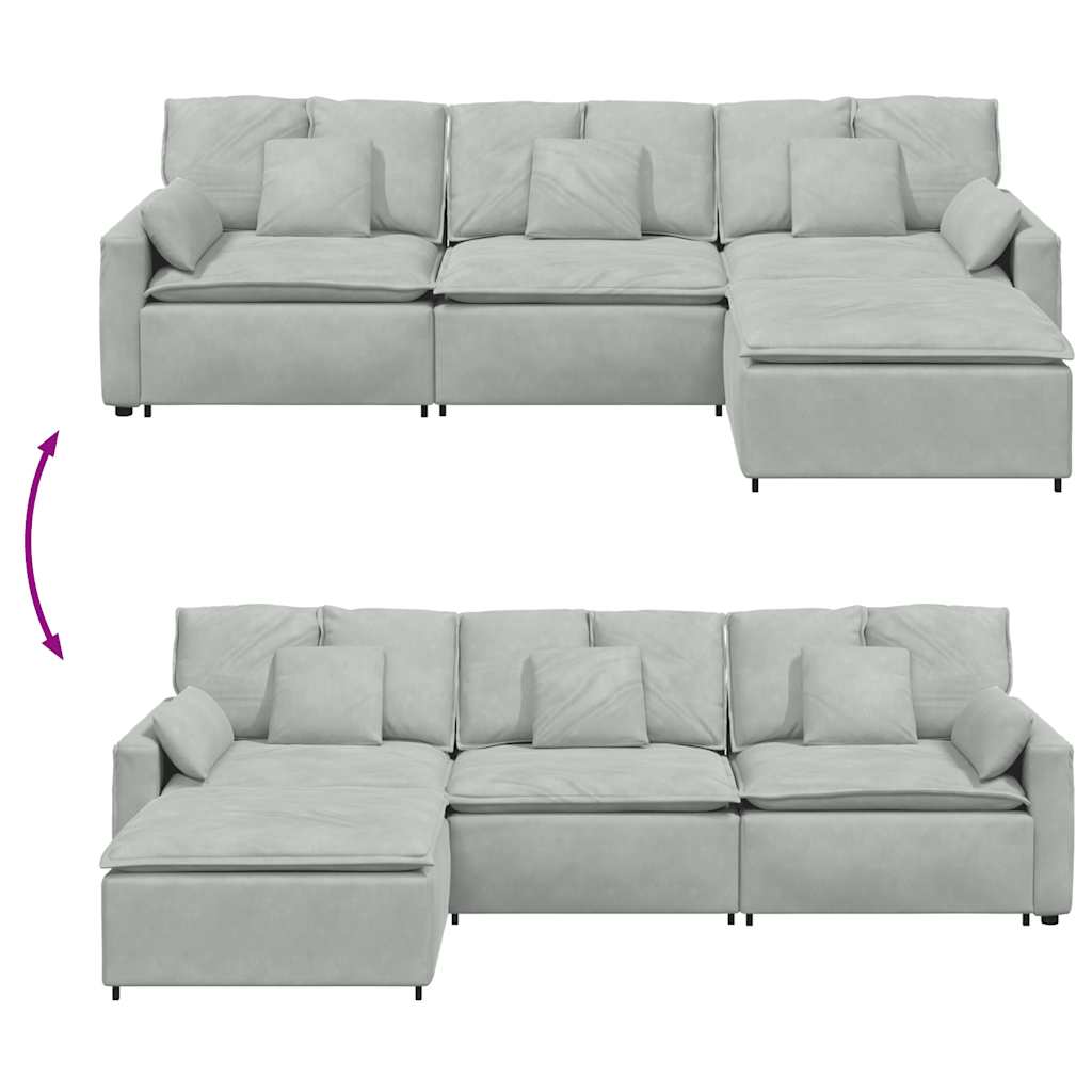 Sofá modular com pufes e almofadas cinzento-claro