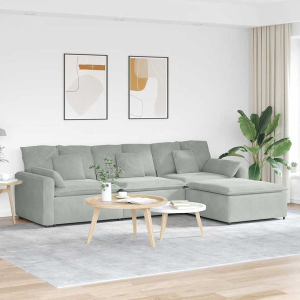 Sofá modular com pufes e almofadas cinzento-claro