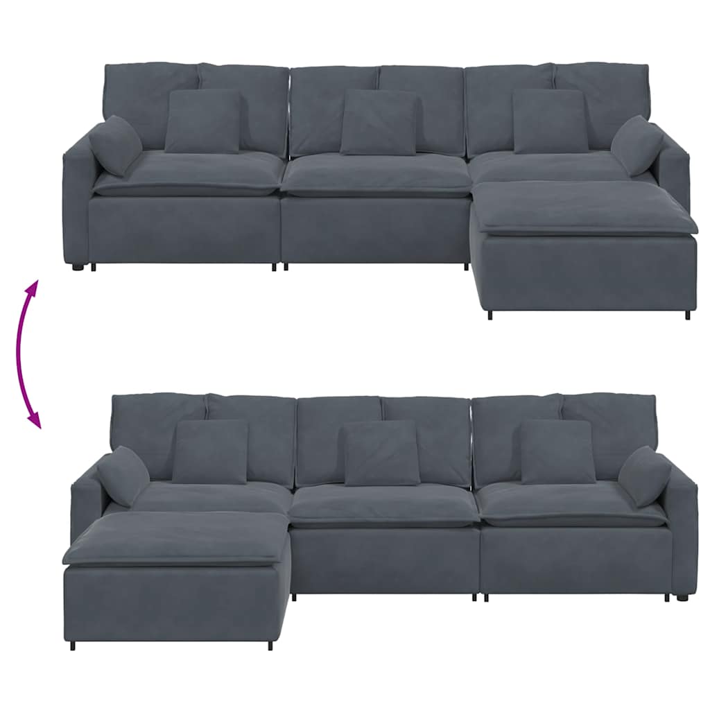 Sofá modular com pufes e almofadas cinzento-escuro