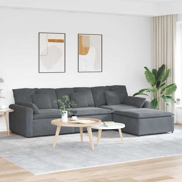 Sofá modular com pufes e almofadas cinzento-escuro