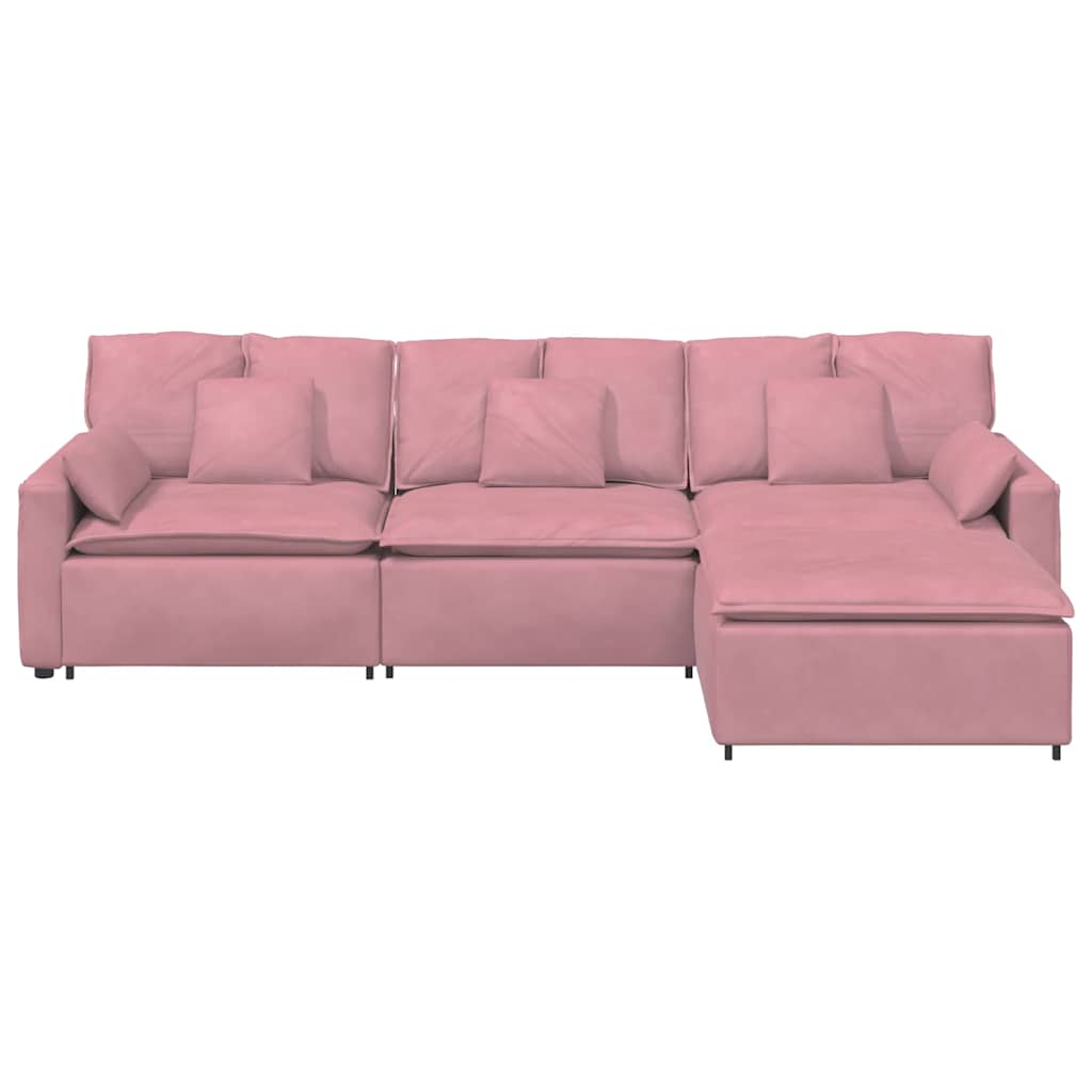 Sofá modular com pufes e almofadas rosa
