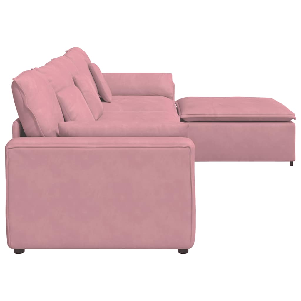 Sofá modular com pufes e almofadas rosa