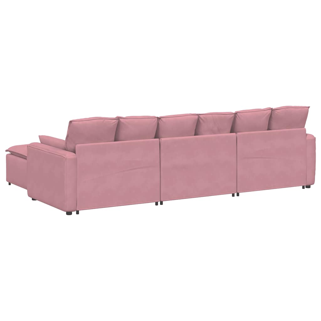 Sofá modular com pufes e almofadas rosa
