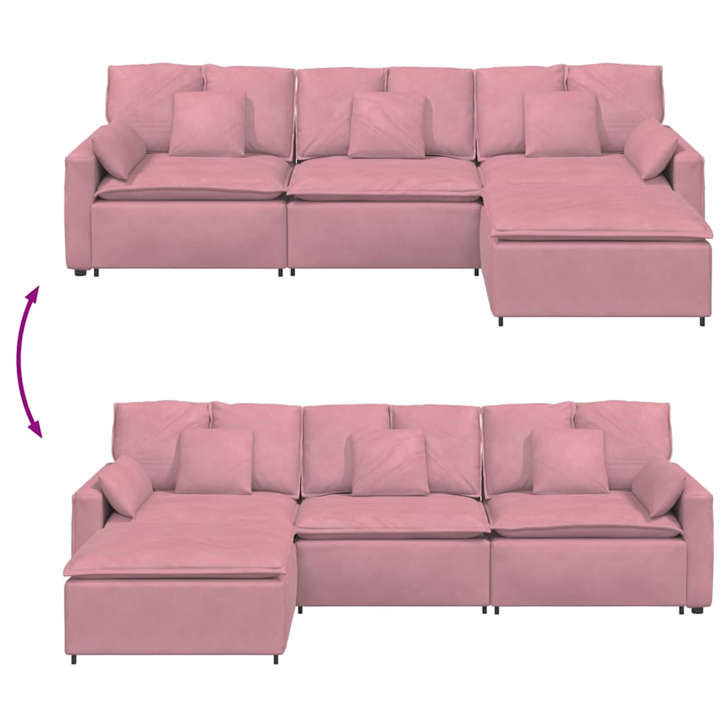 Sofá modular com pufes e almofadas rosa