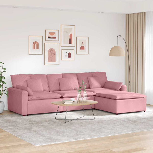 Sofá modular com pufes e almofadas rosa