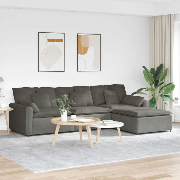 Sofá modular com pufes e almofadas cinzento-claro