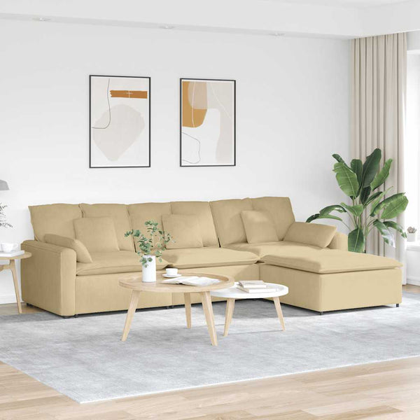Sofá modular com pufes e almofadas verde cinzento