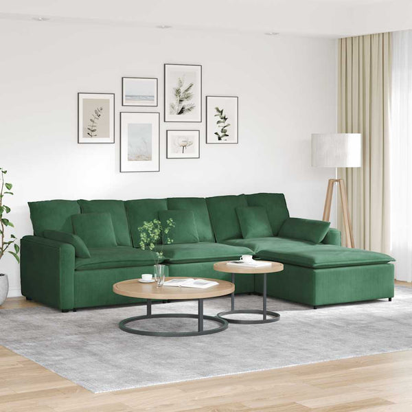 Sofá modular com pufes e almofadas verde escuro