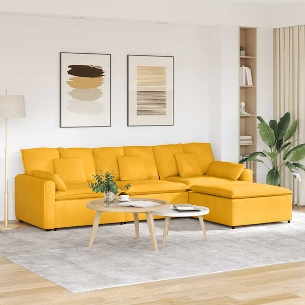 Sofá modular com pufes e almofadas amarelo-claro