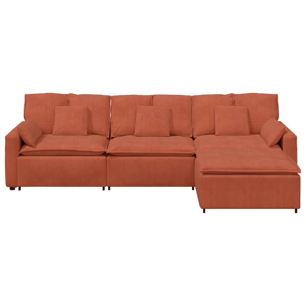 Sofá modular com pufes e almofadas vermelho laranja