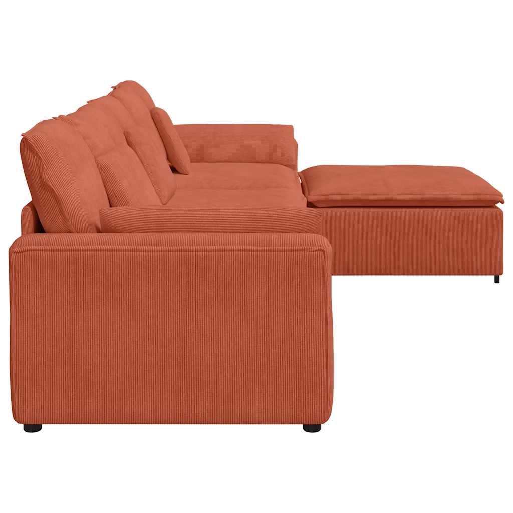 Sofá modular com pufes e almofadas vermelho laranja
