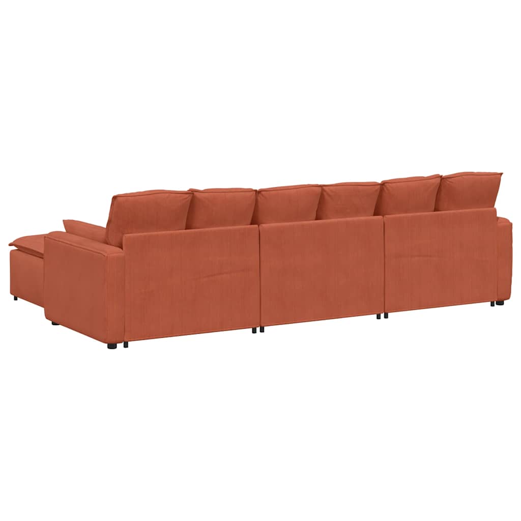 Sofá modular com pufes e almofadas vermelho laranja