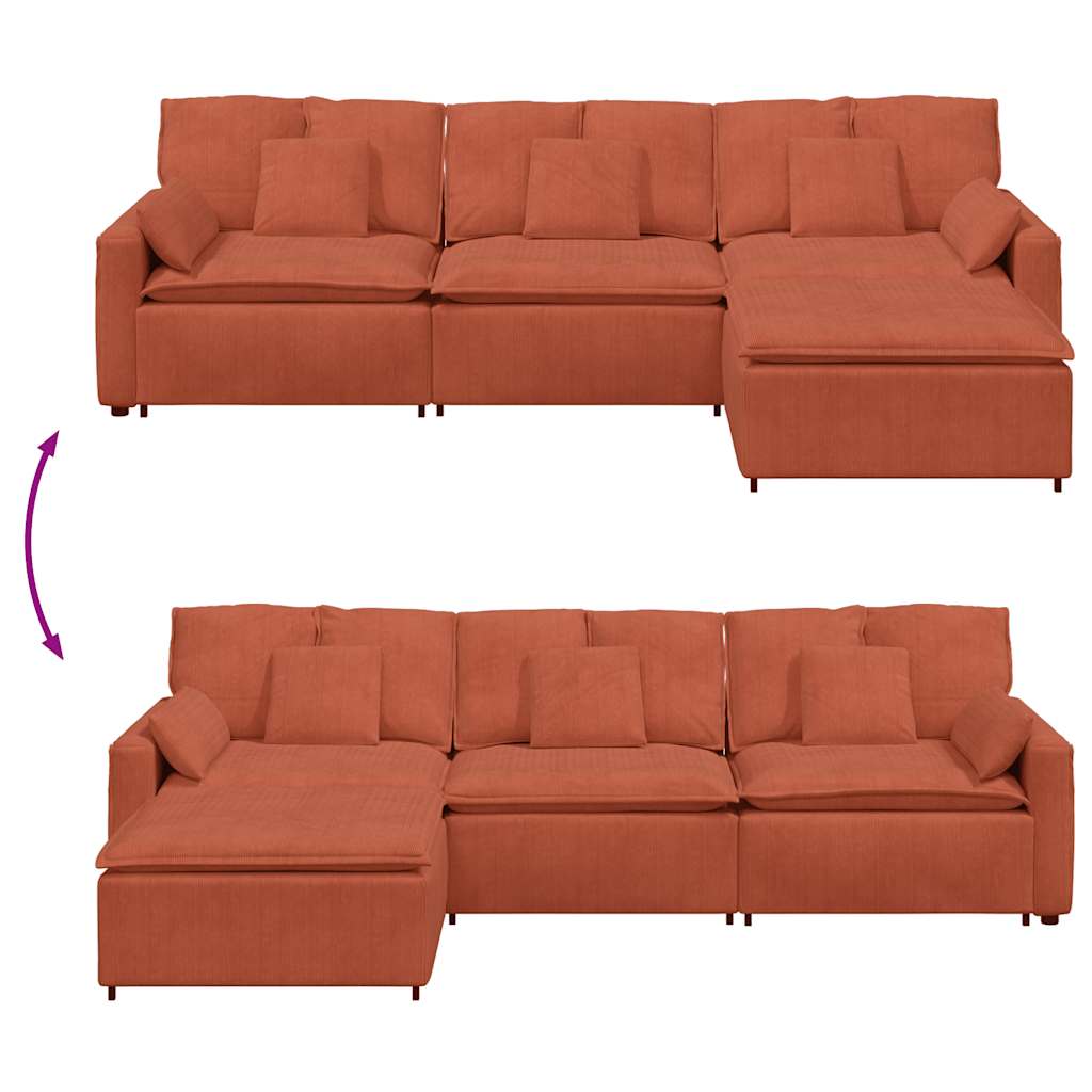 Sofá modular com pufes e almofadas vermelho laranja