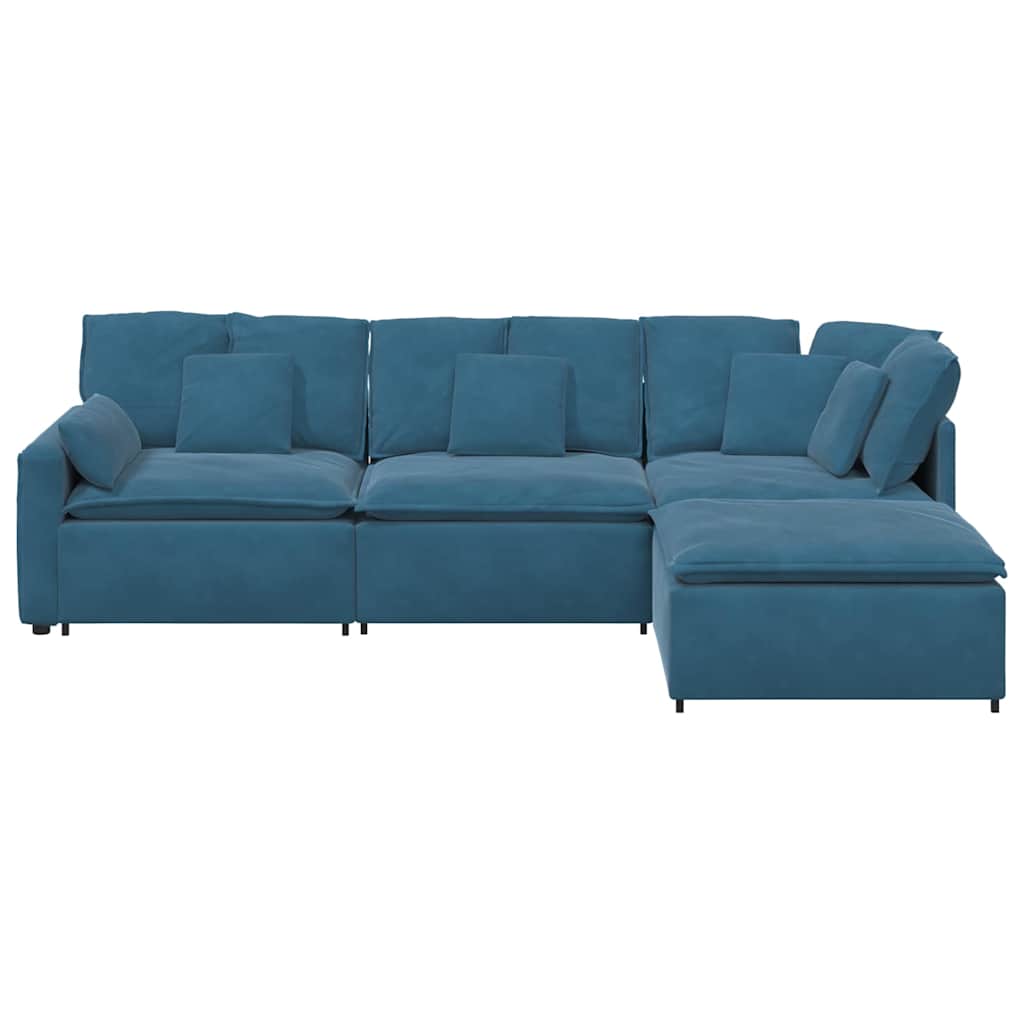 Sofá modular com pufes e almofadas veludo azul