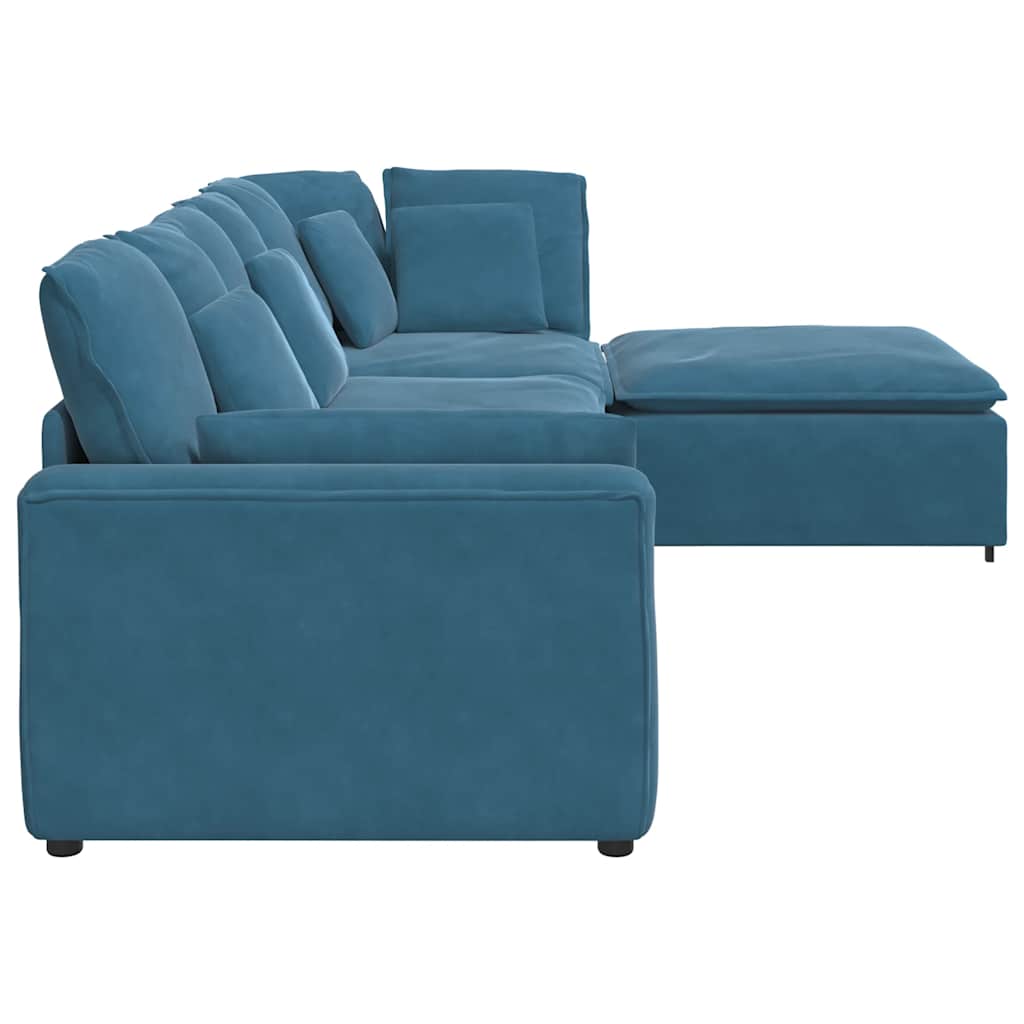 Sofá modular com pufes e almofadas veludo azul