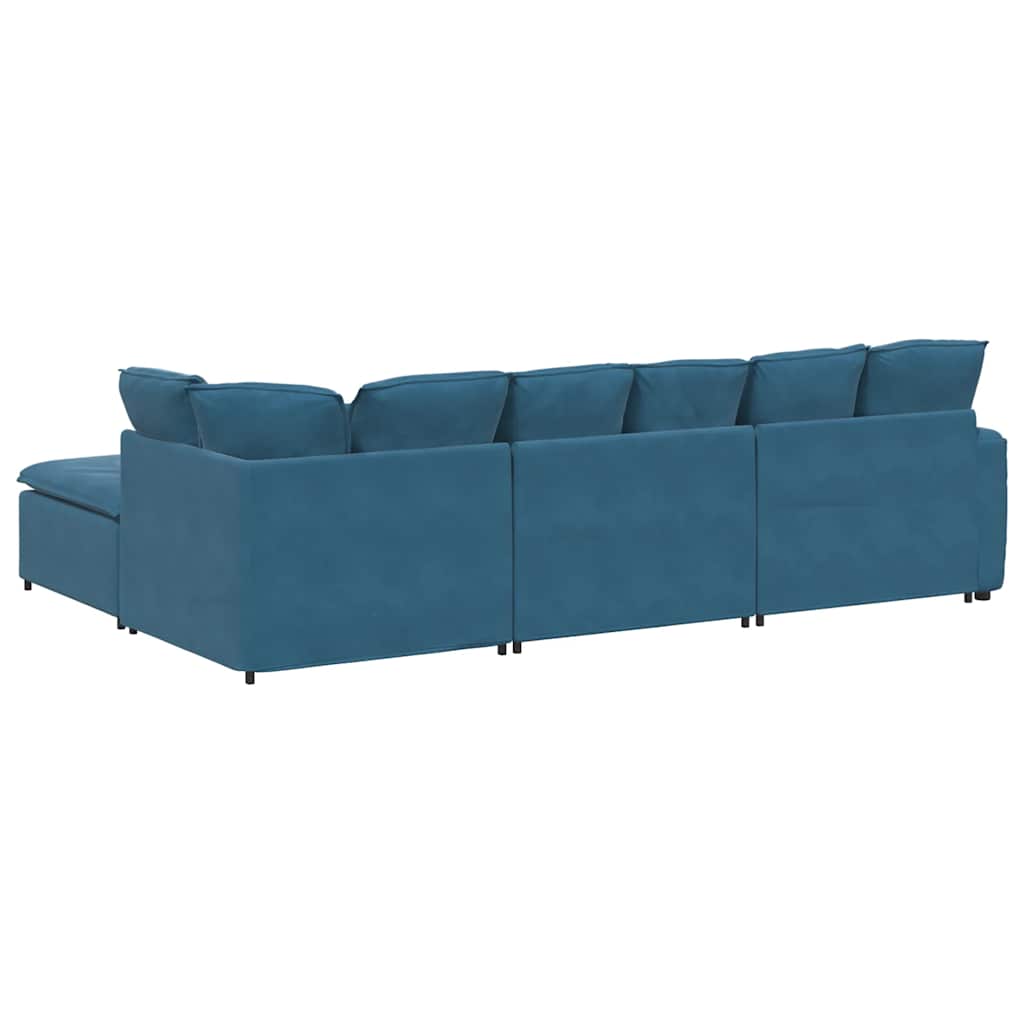 Sofá modular com pufes e almofadas veludo azul