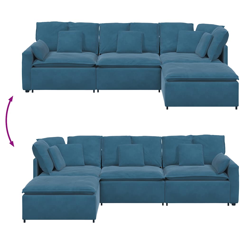 Sofá modular com pufes e almofadas veludo azul