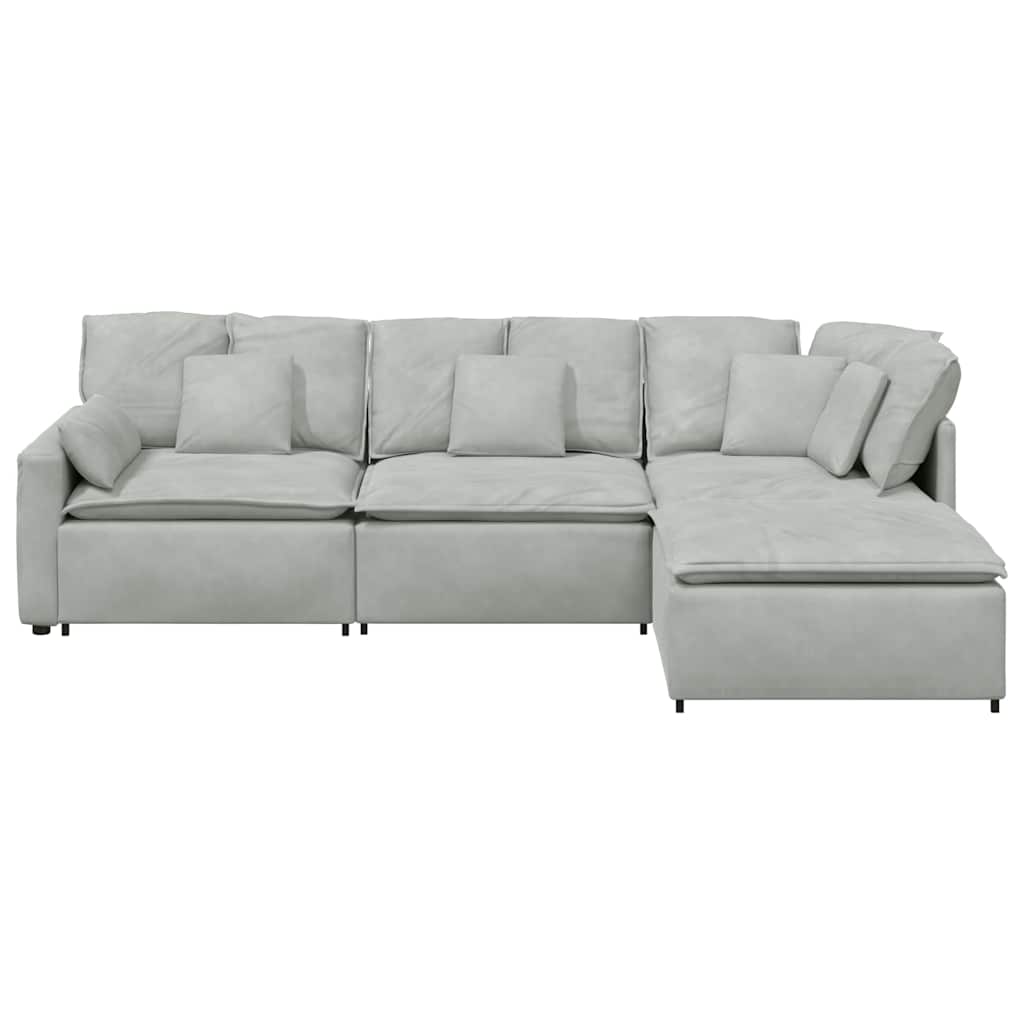 Sofá modular com pufes e almofadas veludo cinzento-claro
