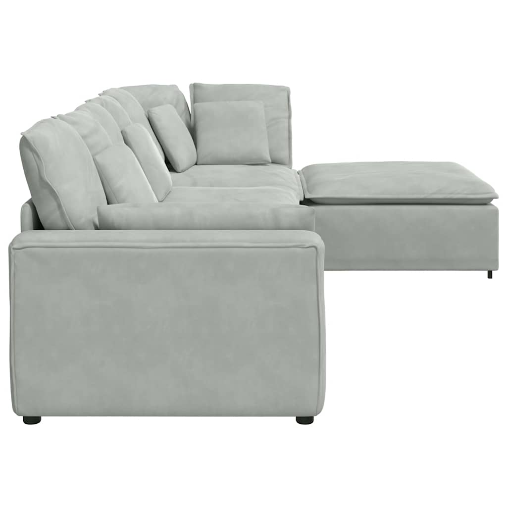 Sofá modular com pufes e almofadas veludo cinzento-claro