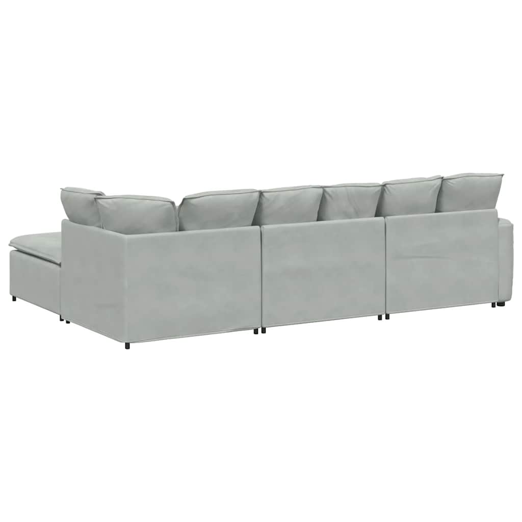 Sofá modular com pufes e almofadas veludo cinzento-claro